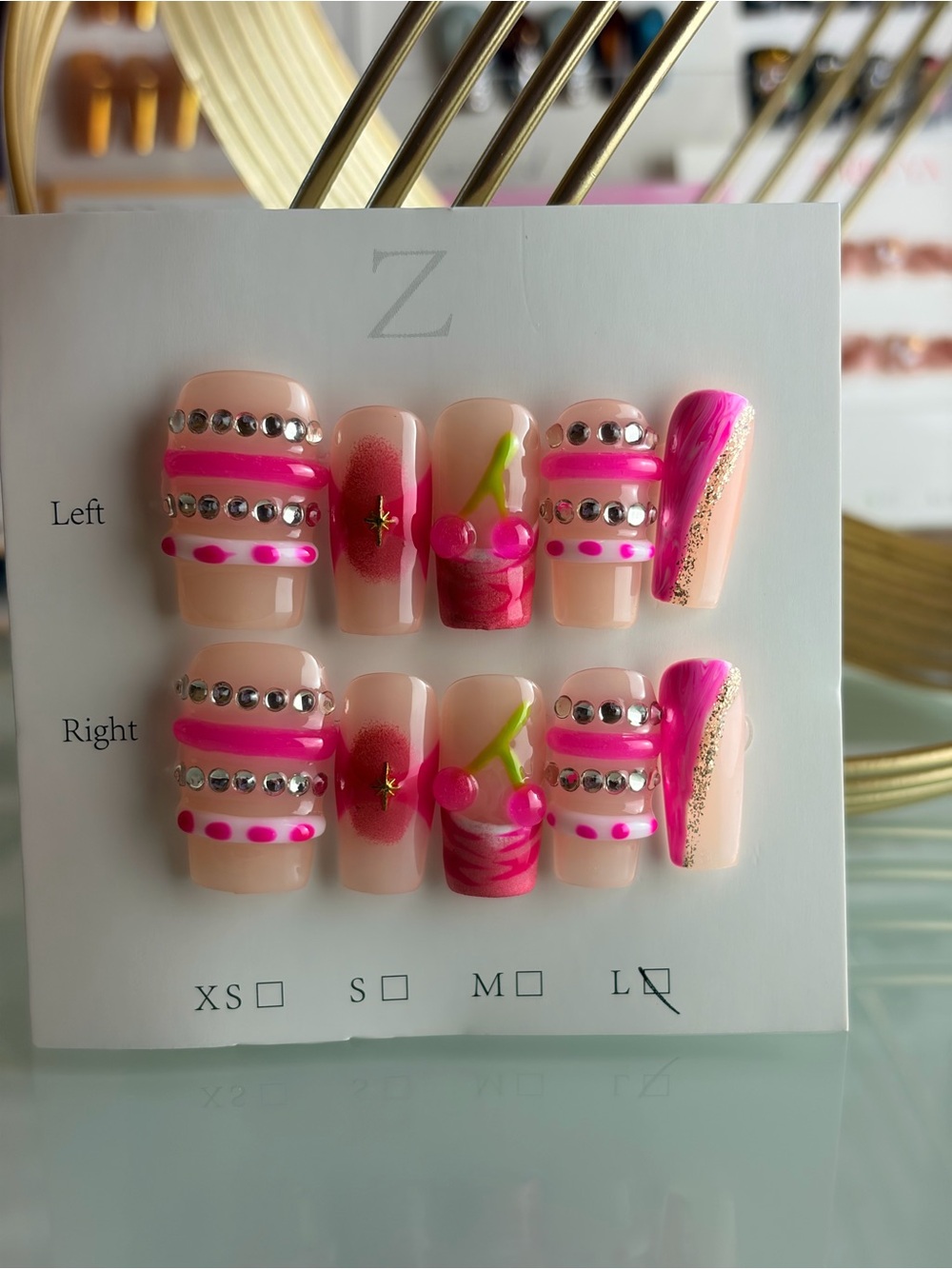 Pink Cherry Nail Set with Rhinestones Large
